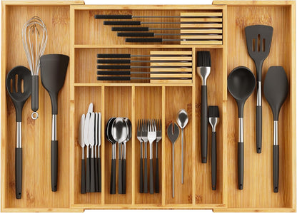 Expandable Silverware Drawer Organizer with Removable Knife Blocks, Bamboo Kitchen Utensil Holder from 21" to 36", Large Cutlery Tray with Divider for Forks, Spoons, Knives
