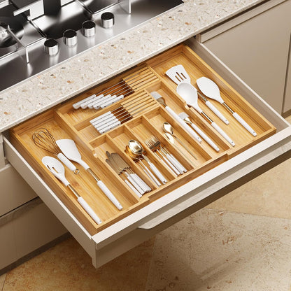 Expandable Silverware Drawer Organizer with Removable Knife Blocks, Bamboo Kitchen Utensil Holder from 21" to 36", Large Cutlery Tray with Divider for Forks, Spoons, Knives