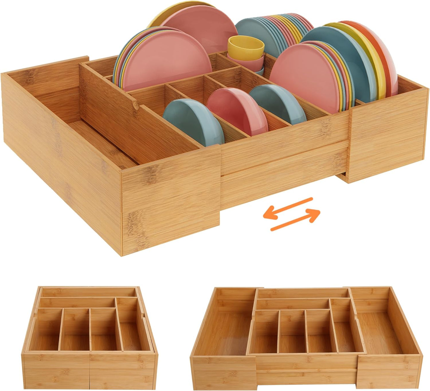 Expandable Silverware Drawer Organizer with Removable Knife Blocks, Bamboo Kitchen Utensil Holder from 21" to 36", Large Cutlery Tray with Divider for Forks, Spoons, Knives