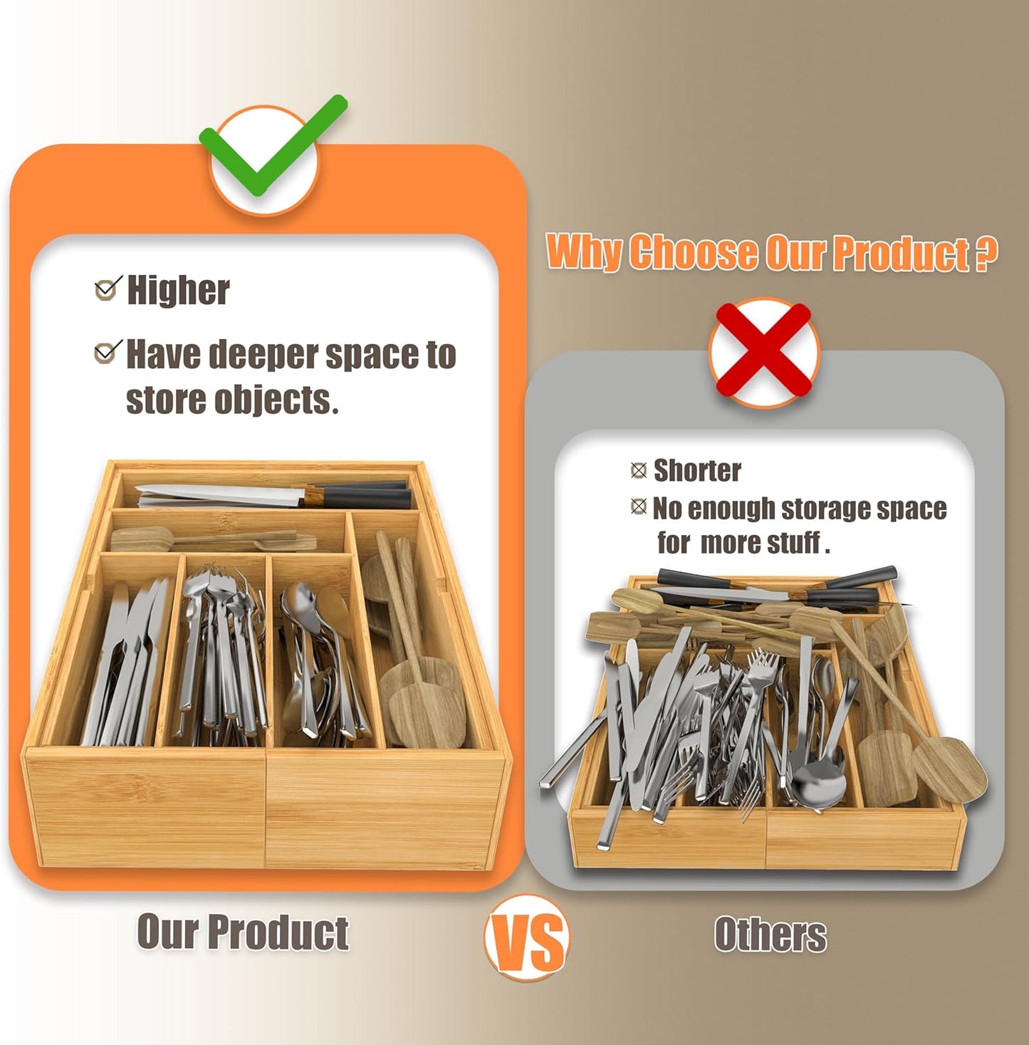 Expandable Silverware Drawer Organizer with Removable Knife Blocks, Bamboo Kitchen Utensil Holder from 21" to 36", Large Cutlery Tray with Divider for Forks, Spoons, Knives