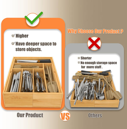 Expandable Silverware Drawer Organizer with Removable Knife Blocks, Bamboo Kitchen Utensil Holder from 21" to 36", Large Cutlery Tray with Divider for Forks, Spoons, Knives