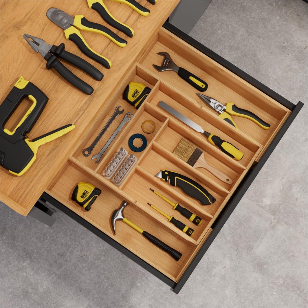 Expandable Silverware Drawer Organizer with Removable Knife Blocks, Bamboo Kitchen Utensil Holder from 21" to 36", Large Cutlery Tray with Divider for Forks, Spoons, Knives