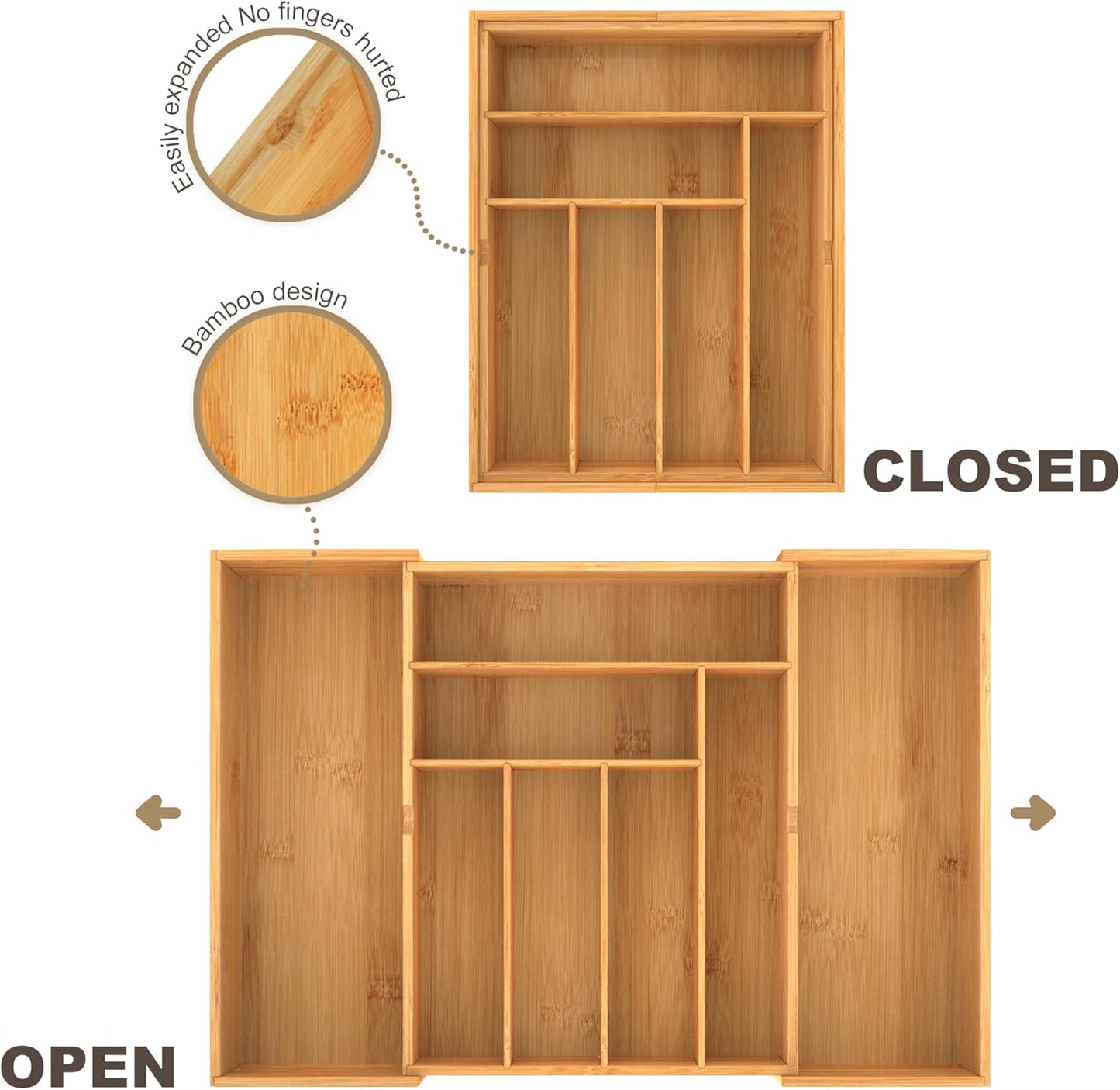 Expandable Silverware Drawer Organizer with Removable Knife Blocks, Bamboo Kitchen Utensil Holder from 21" to 36", Large Cutlery Tray with Divider for Forks, Spoons, Knives