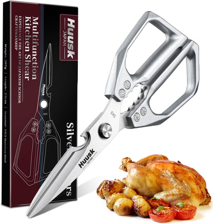 Huusk Kitchen Scissors for Food, Stainless Steel Kitchen Shears All Purpose | Multifunction Sharp Cooking Meat Scissors for Fish, Herbs, Chicken, Turkey, Gifts for Women, Non-slip Handle, Dishwasher Safe
