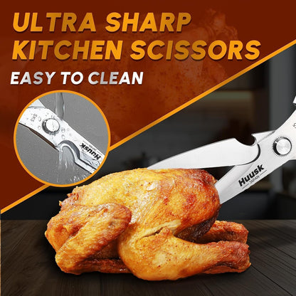 Huusk Kitchen Scissors for Food, Stainless Steel Kitchen Shears All Purpose | Multifunction Sharp Cooking Meat Scissors for Fish, Herbs, Chicken, Turkey, Gifts for Women, Non-slip Handle, Dishwasher Safe