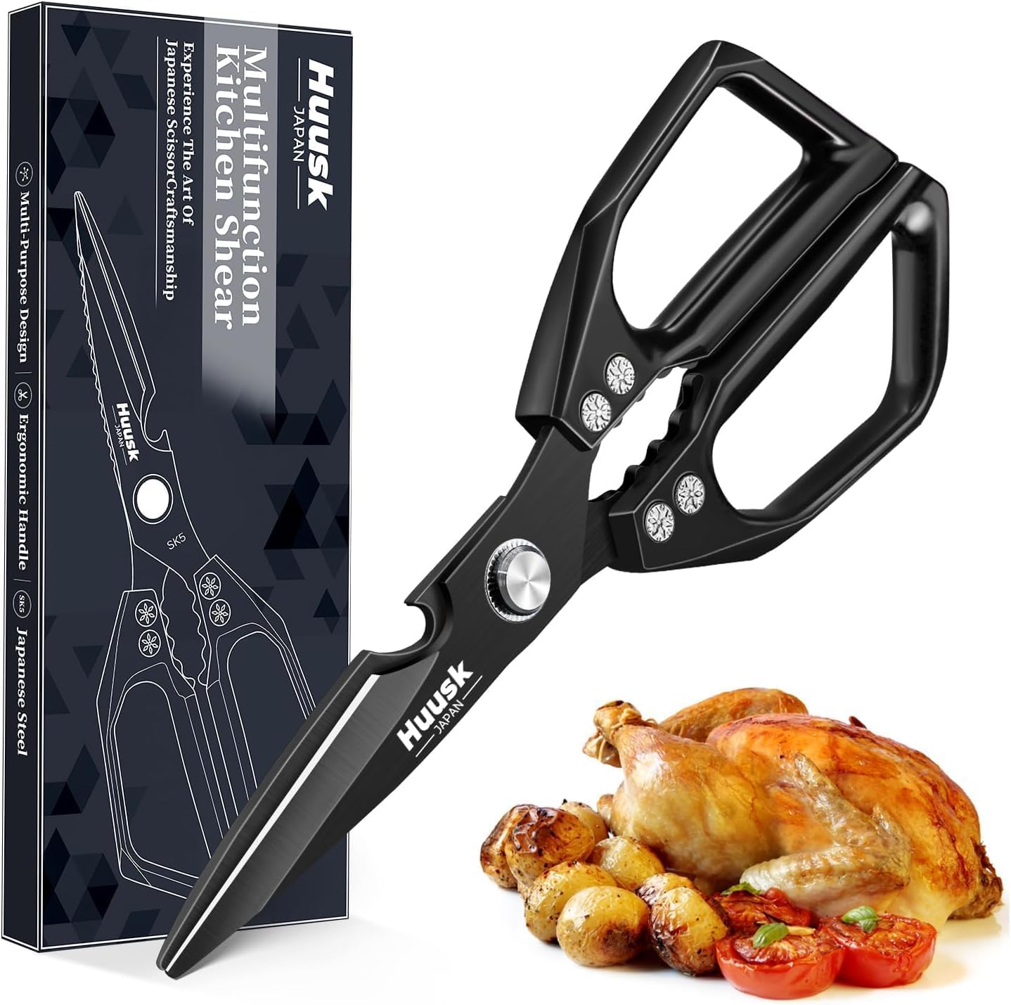 Huusk Kitchen Scissors for Food, Stainless Steel Kitchen Shears All Purpose | Multifunction Sharp Cooking Meat Scissors for Fish, Herbs, Chicken, Turkey, Gifts for Women, Non-slip Handle, Dishwasher Safe