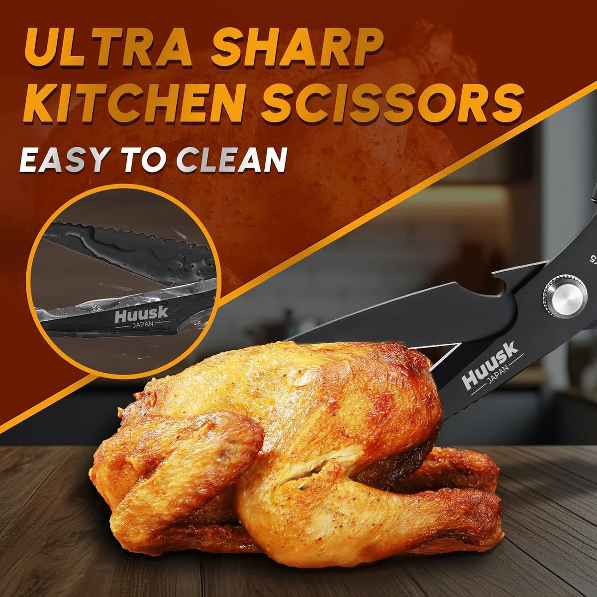 Huusk Kitchen Scissors for Food, Stainless Steel Kitchen Shears All Purpose | Multifunction Sharp Cooking Meat Scissors for Fish, Herbs, Chicken, Turkey, Gifts for Women, Non-slip Handle, Dishwasher Safe