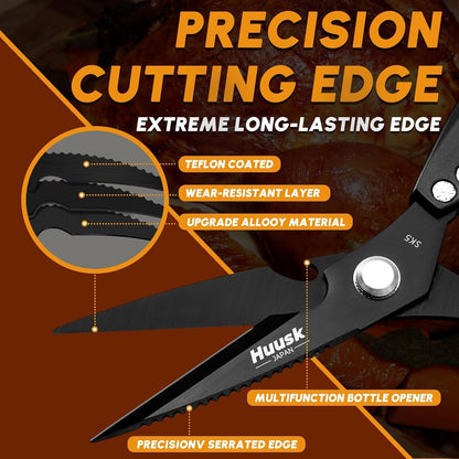 Huusk Kitchen Scissors for Food, Stainless Steel Kitchen Shears All Purpose | Multifunction Sharp Cooking Meat Scissors for Fish, Herbs, Chicken, Turkey, Gifts for Women, Non-slip Handle, Dishwasher Safe