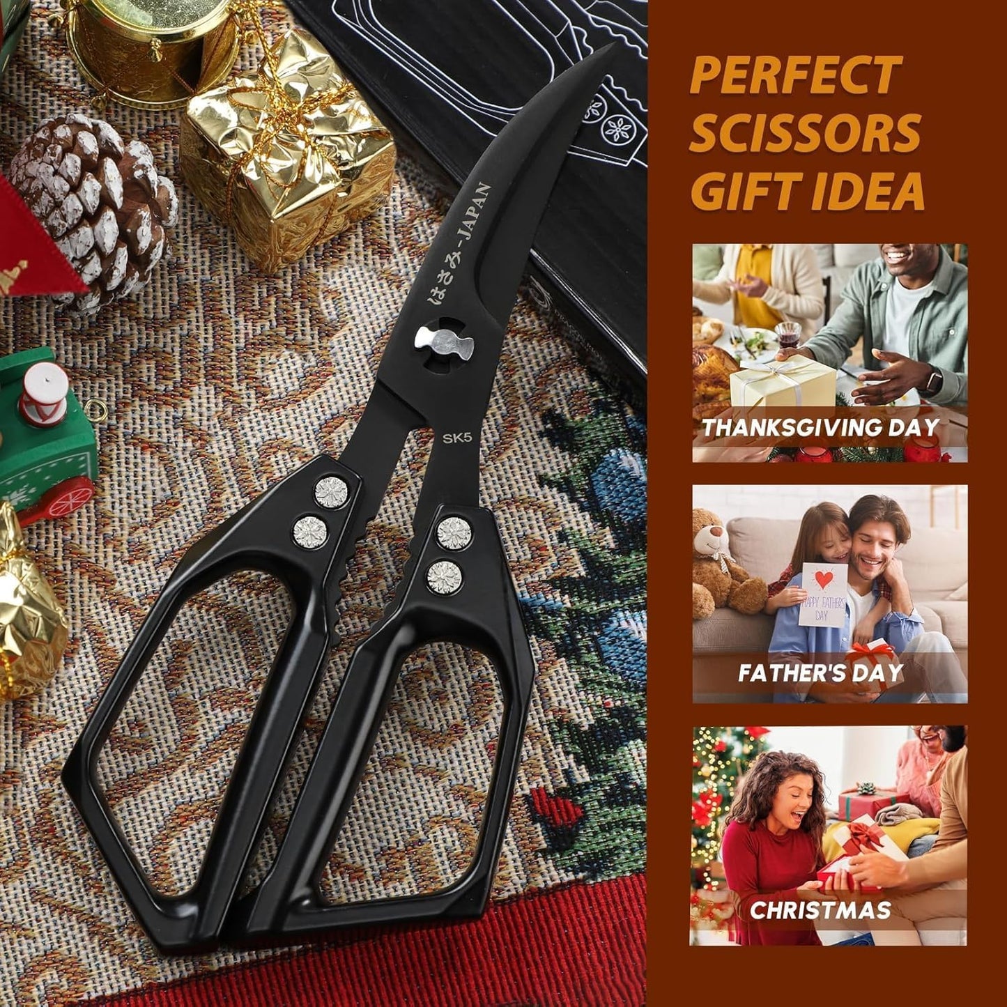 Huusk Kitchen Scissors for Food, Stainless Steel Kitchen Shears All Purpose | Multifunction Sharp Cooking Meat Scissors for Fish, Herbs, Chicken, Turkey, Gifts for Women, Non-slip Handle, Dishwasher Safe