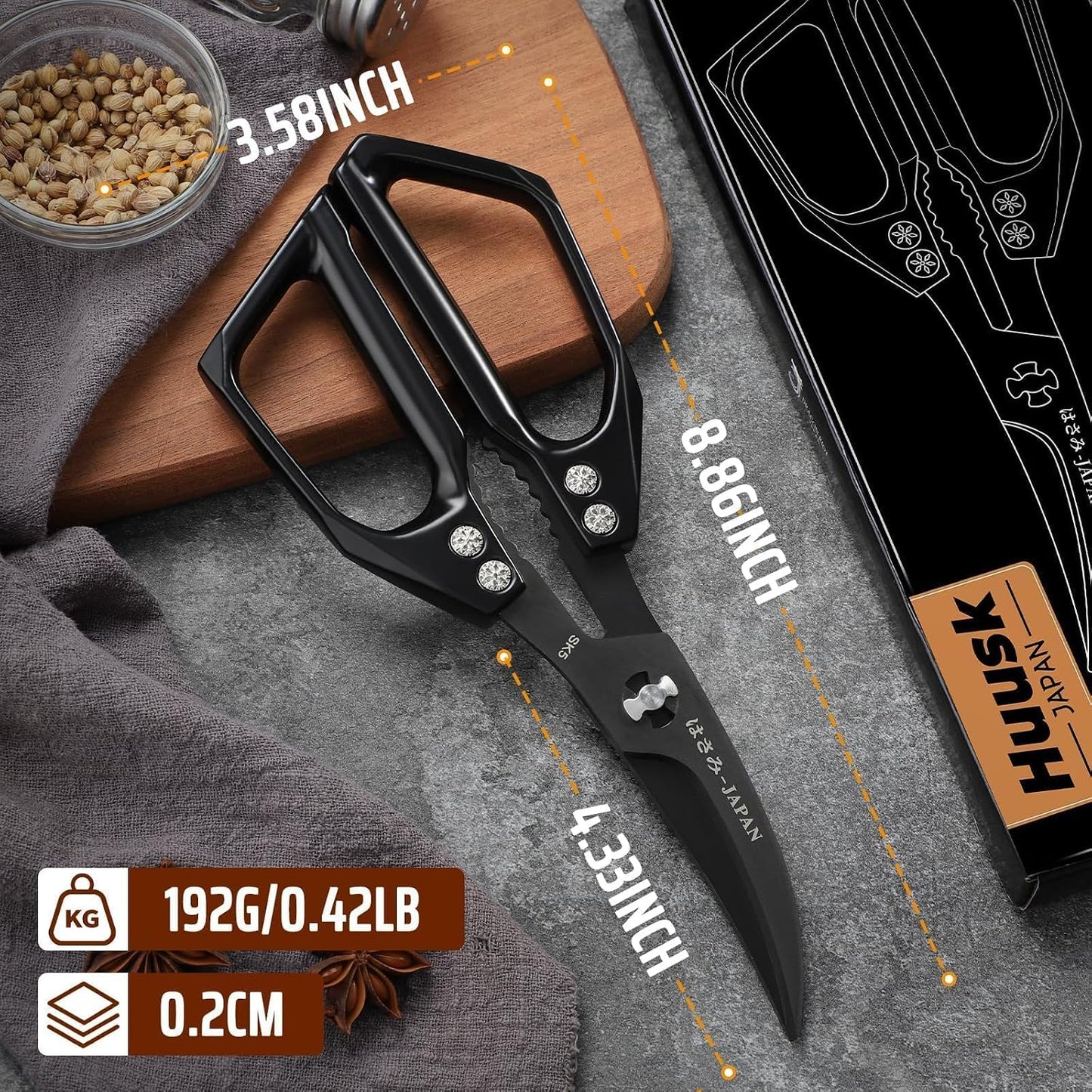 Huusk Kitchen Scissors for Food, Stainless Steel Kitchen Shears All Purpose | Multifunction Sharp Cooking Meat Scissors for Fish, Herbs, Chicken, Turkey, Gifts for Women, Non-slip Handle, Dishwasher Safe