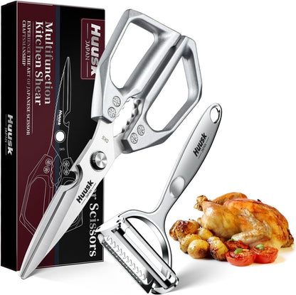 Huusk Kitchen Scissors for Food, Stainless Steel Kitchen Shears All Purpose | Multifunction Sharp Cooking Meat Scissors for Fish, Herbs, Chicken, Turkey, Gifts for Women, Non-slip Handle, Dishwasher Safe
