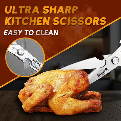Huusk Kitchen Scissors for Food, Stainless Steel Kitchen Shears All Purpose | Multifunction Sharp Cooking Meat Scissors for Fish, Herbs, Chicken, Turkey, Gifts for Women, Non-slip Handle, Dishwasher Safe