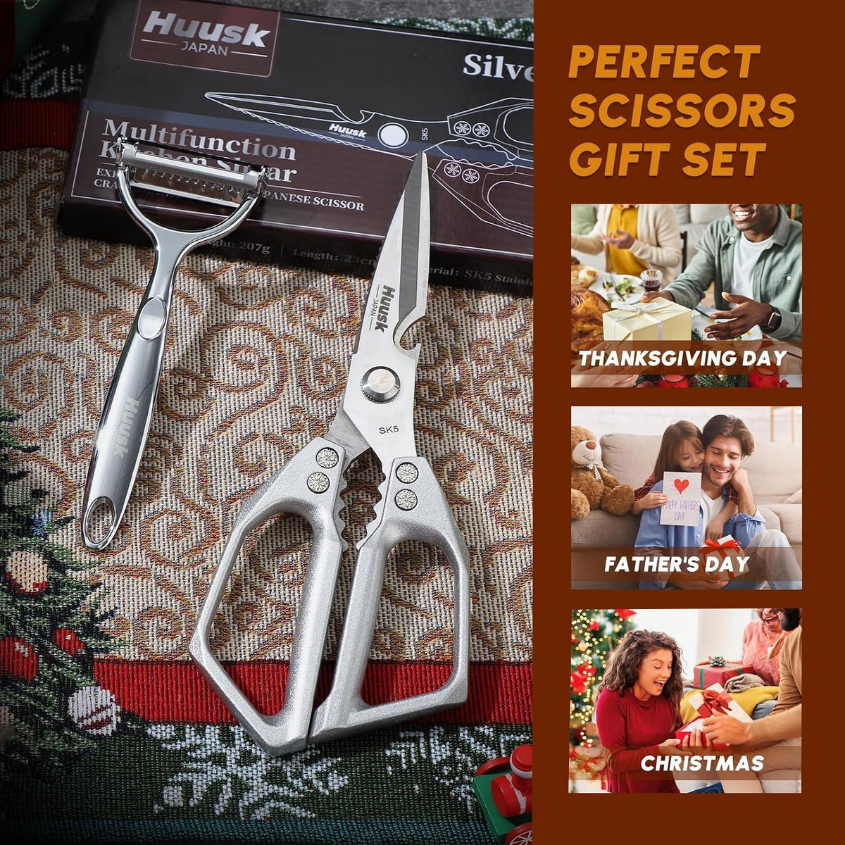 Huusk Kitchen Scissors for Food, Stainless Steel Kitchen Shears All Purpose | Multifunction Sharp Cooking Meat Scissors for Fish, Herbs, Chicken, Turkey, Gifts for Women, Non-slip Handle, Dishwasher Safe