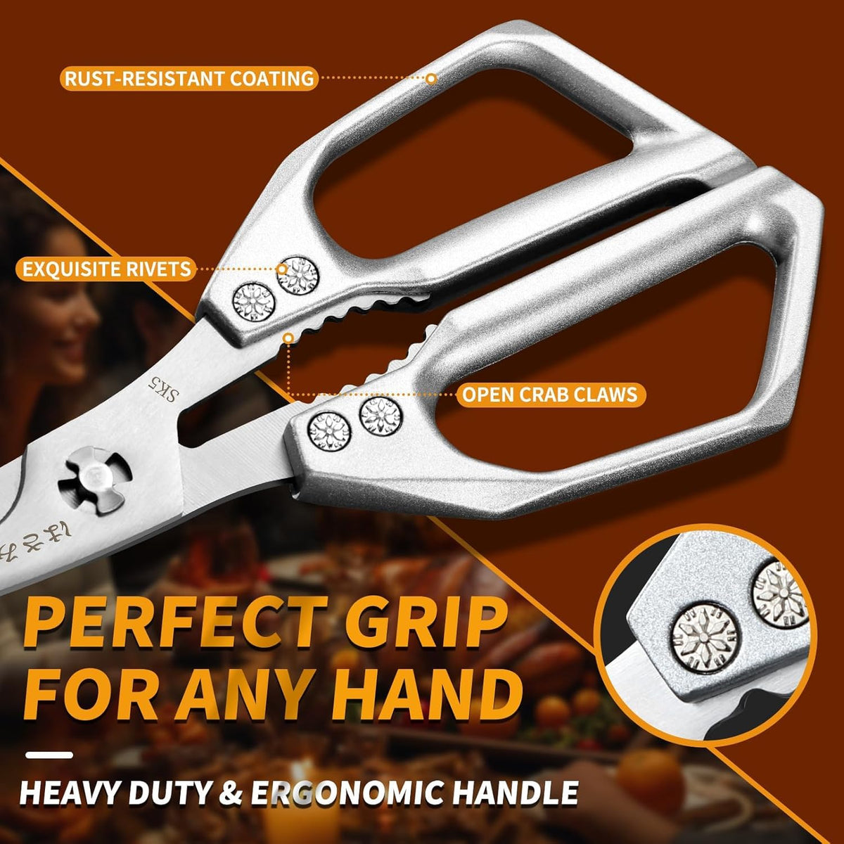 Huusk Kitchen Scissors for Food, Stainless Steel Kitchen Shears All Purpose | Multifunction Sharp Cooking Meat Scissors for Fish, Herbs, Chicken, Turkey, Gifts for Women, Non-slip Handle, Dishwasher Safe