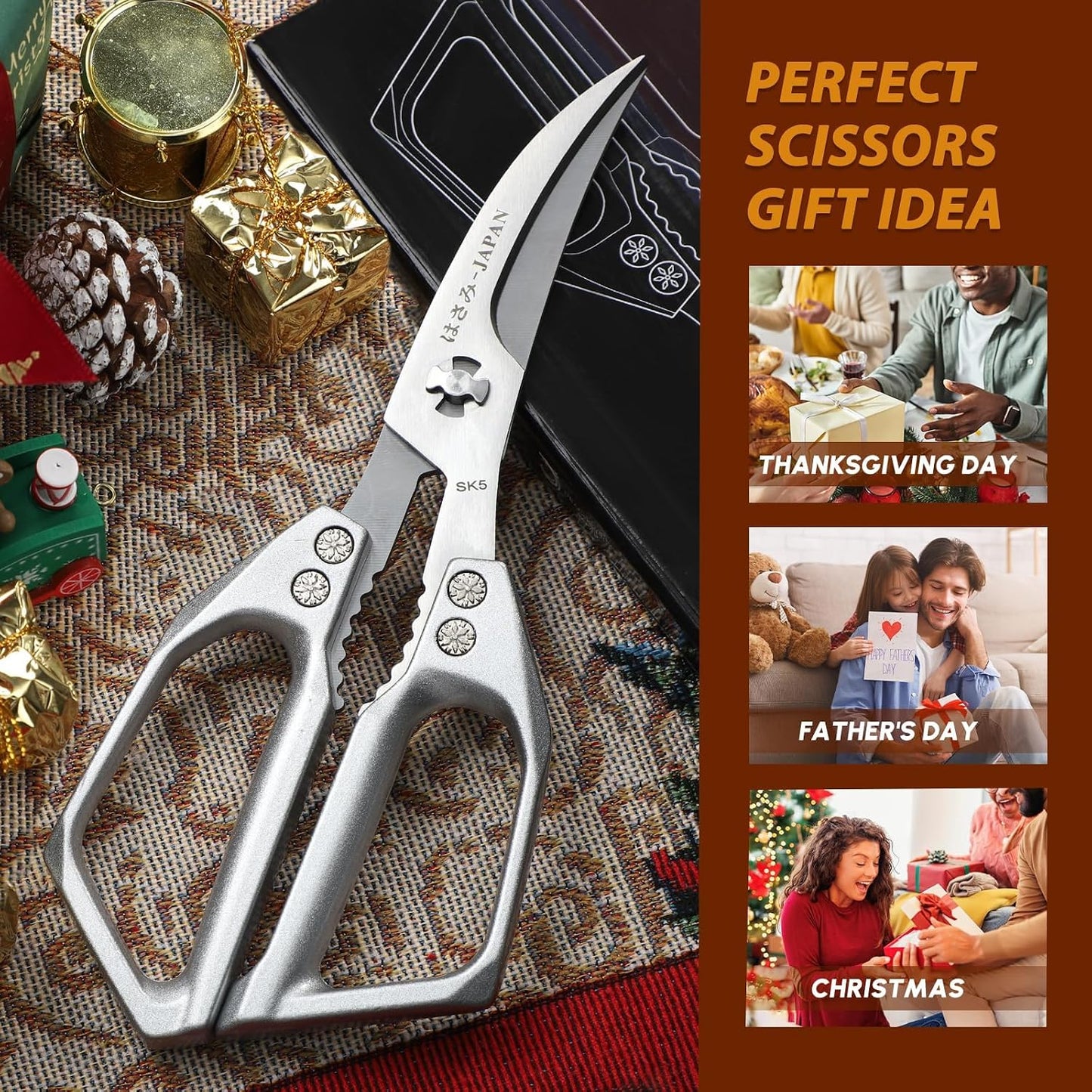 Huusk Kitchen Scissors for Food, Stainless Steel Kitchen Shears All Purpose | Multifunction Sharp Cooking Meat Scissors for Fish, Herbs, Chicken, Turkey, Gifts for Women, Non-slip Handle, Dishwasher Safe