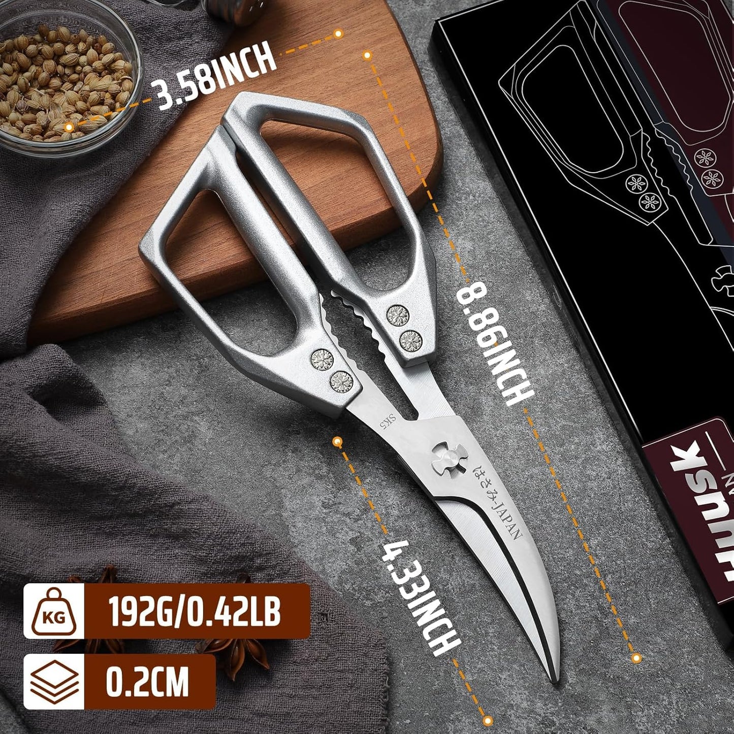 Huusk Kitchen Scissors for Food, Stainless Steel Kitchen Shears All Purpose | Multifunction Sharp Cooking Meat Scissors for Fish, Herbs, Chicken, Turkey, Gifts for Women, Non-slip Handle, Dishwasher Safe