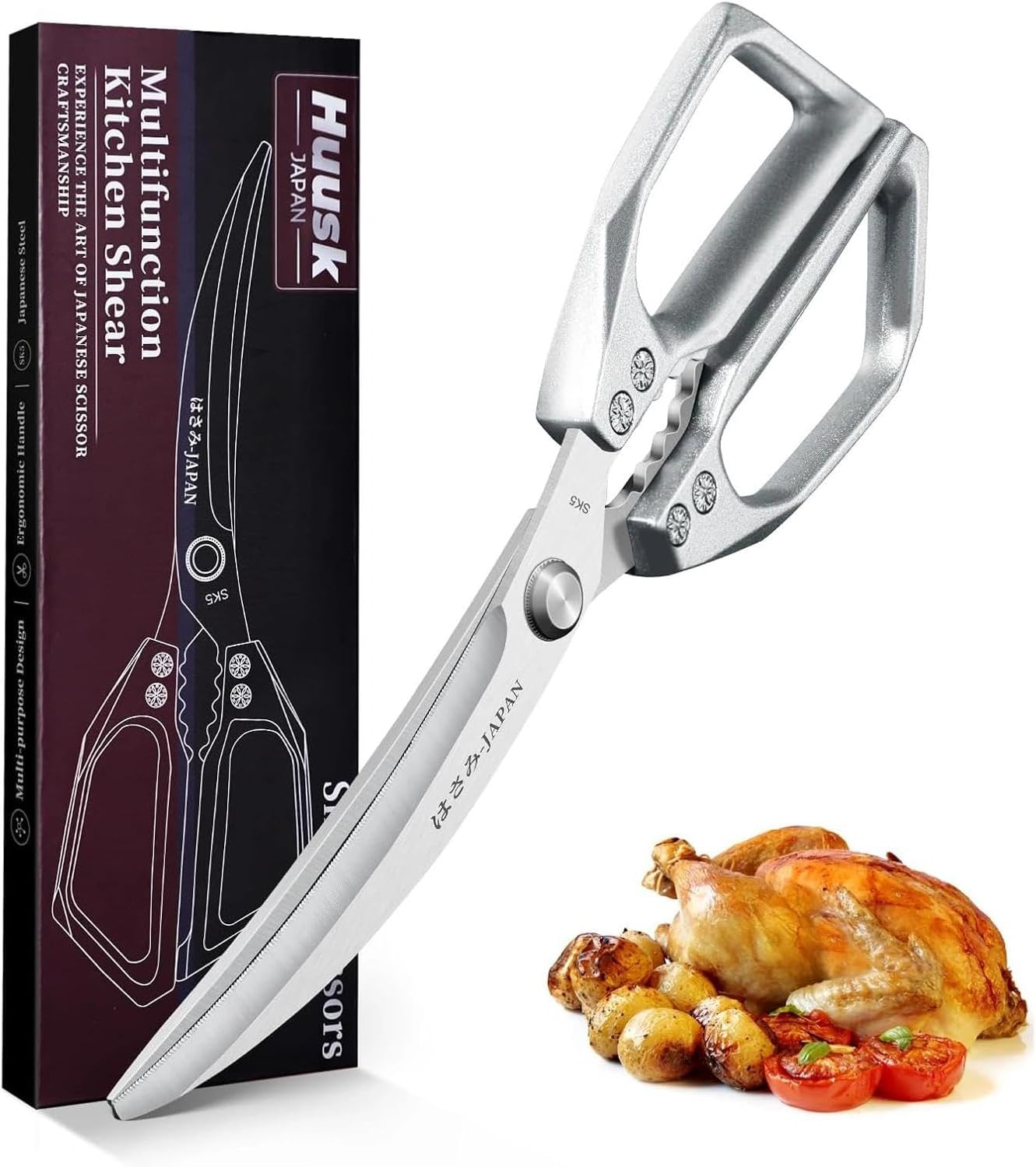 Huusk Kitchen Scissors for Food, Stainless Steel Kitchen Shears All Purpose | Multifunction Sharp Cooking Meat Scissors for Fish, Herbs, Chicken, Turkey, Gifts for Women, Non-slip Handle, Dishwasher Safe