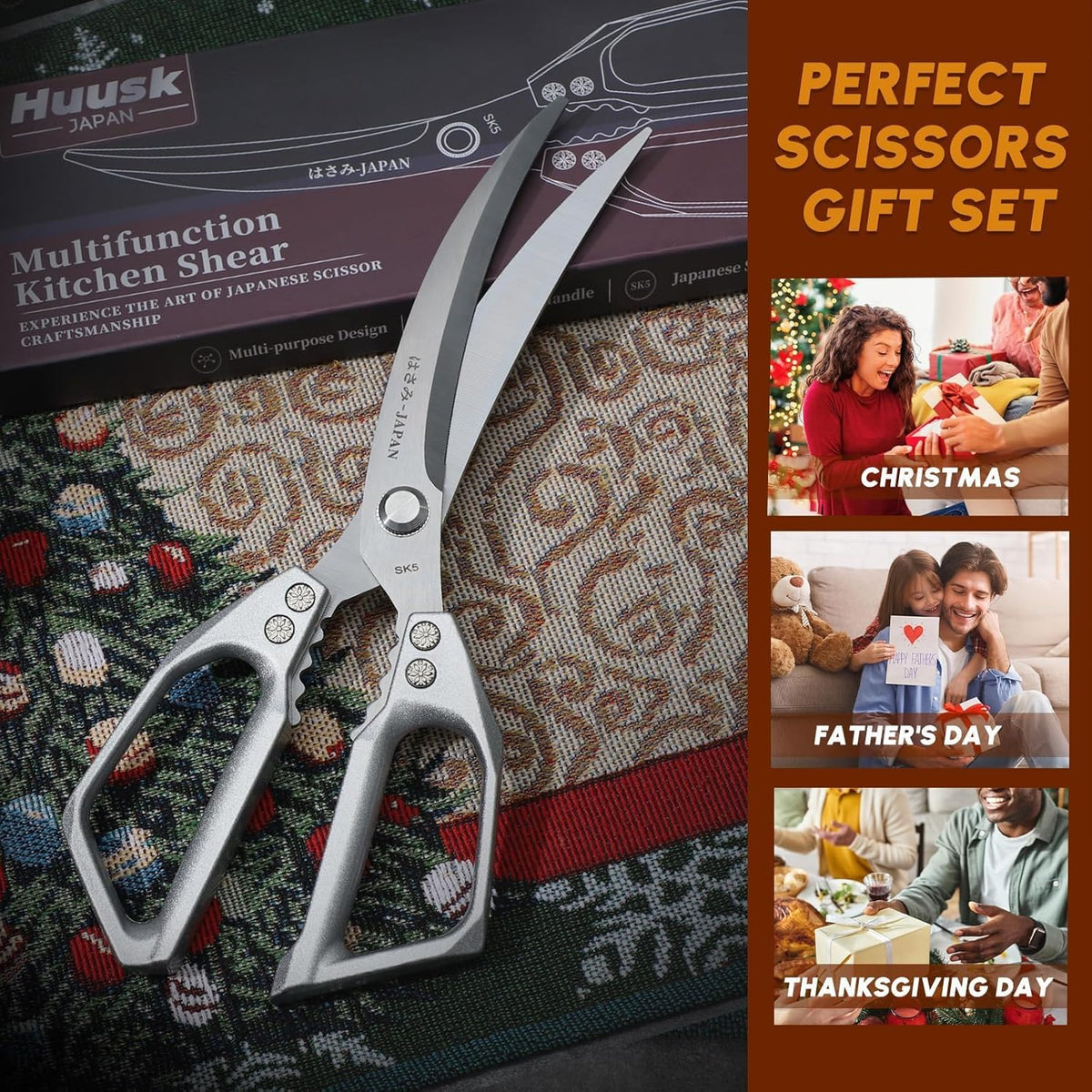 Huusk Kitchen Scissors for Food, Stainless Steel Kitchen Shears All Purpose | Multifunction Sharp Cooking Meat Scissors for Fish, Herbs, Chicken, Turkey, Gifts for Women, Non-slip Handle, Dishwasher Safe
