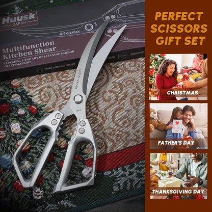 Huusk Kitchen Scissors for Food, Stainless Steel Kitchen Shears All Purpose | Multifunction Sharp Cooking Meat Scissors for Fish, Herbs, Chicken, Turkey, Gifts for Women, Non-slip Handle, Dishwasher Safe