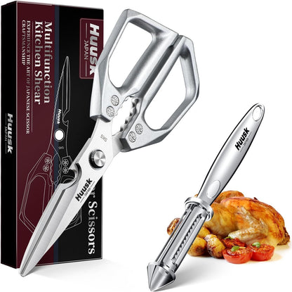 Huusk Kitchen Scissors for Food, Stainless Steel Kitchen Shears All Purpose | Multifunction Sharp Cooking Meat Scissors for Fish, Herbs, Chicken, Turkey, Gifts for Women, Non-slip Handle, Dishwasher Safe