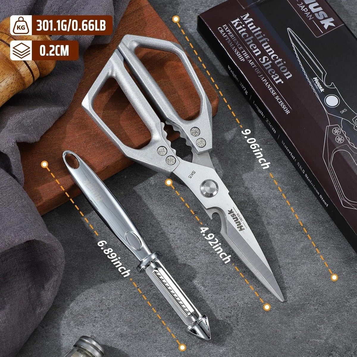 Huusk Kitchen Scissors for Food, Stainless Steel Kitchen Shears All Purpose | Multifunction Sharp Cooking Meat Scissors for Fish, Herbs, Chicken, Turkey, Gifts for Women, Non-slip Handle, Dishwasher Safe
