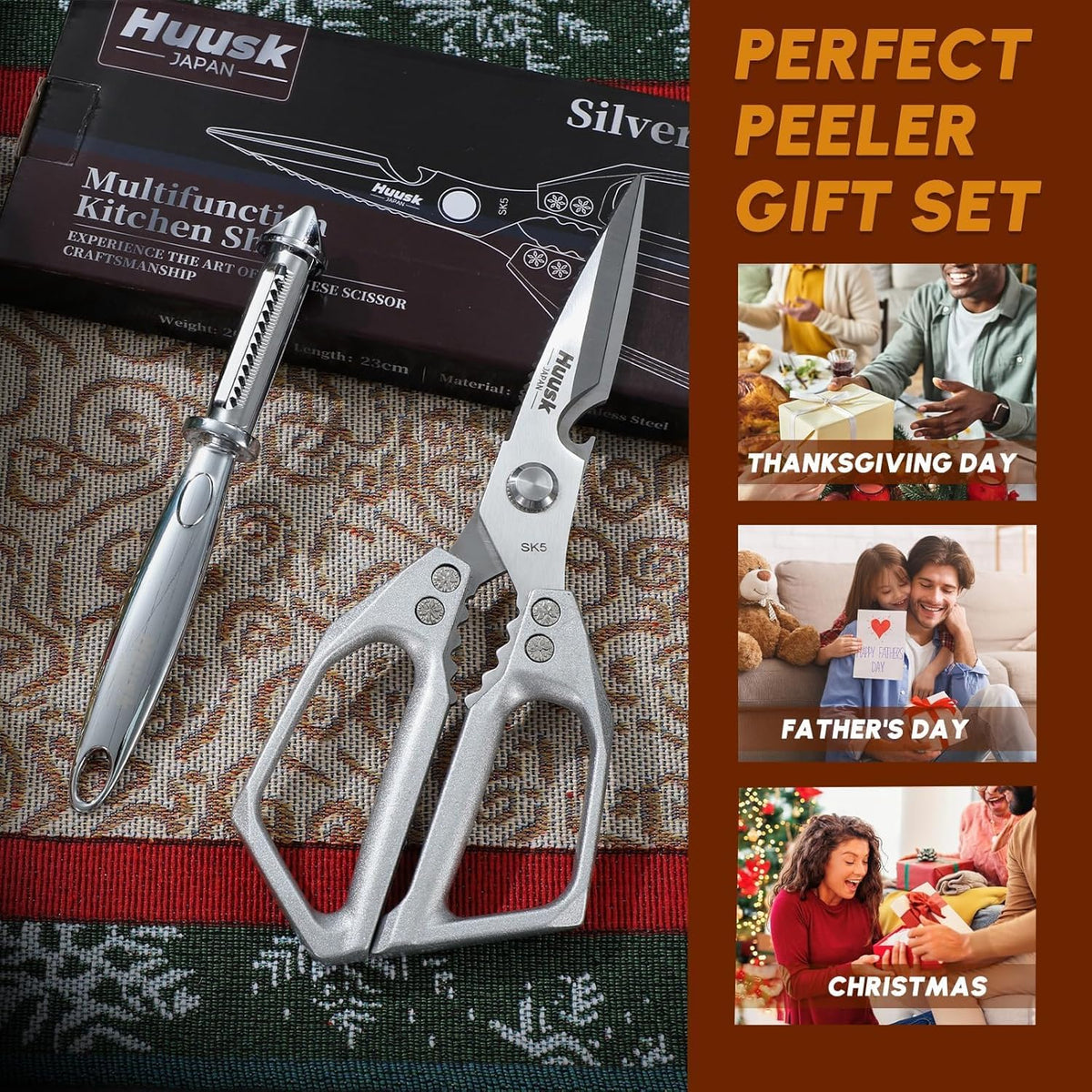 Huusk Kitchen Scissors for Food, Stainless Steel Kitchen Shears All Purpose | Multifunction Sharp Cooking Meat Scissors for Fish, Herbs, Chicken, Turkey, Gifts for Women, Non-slip Handle, Dishwasher Safe