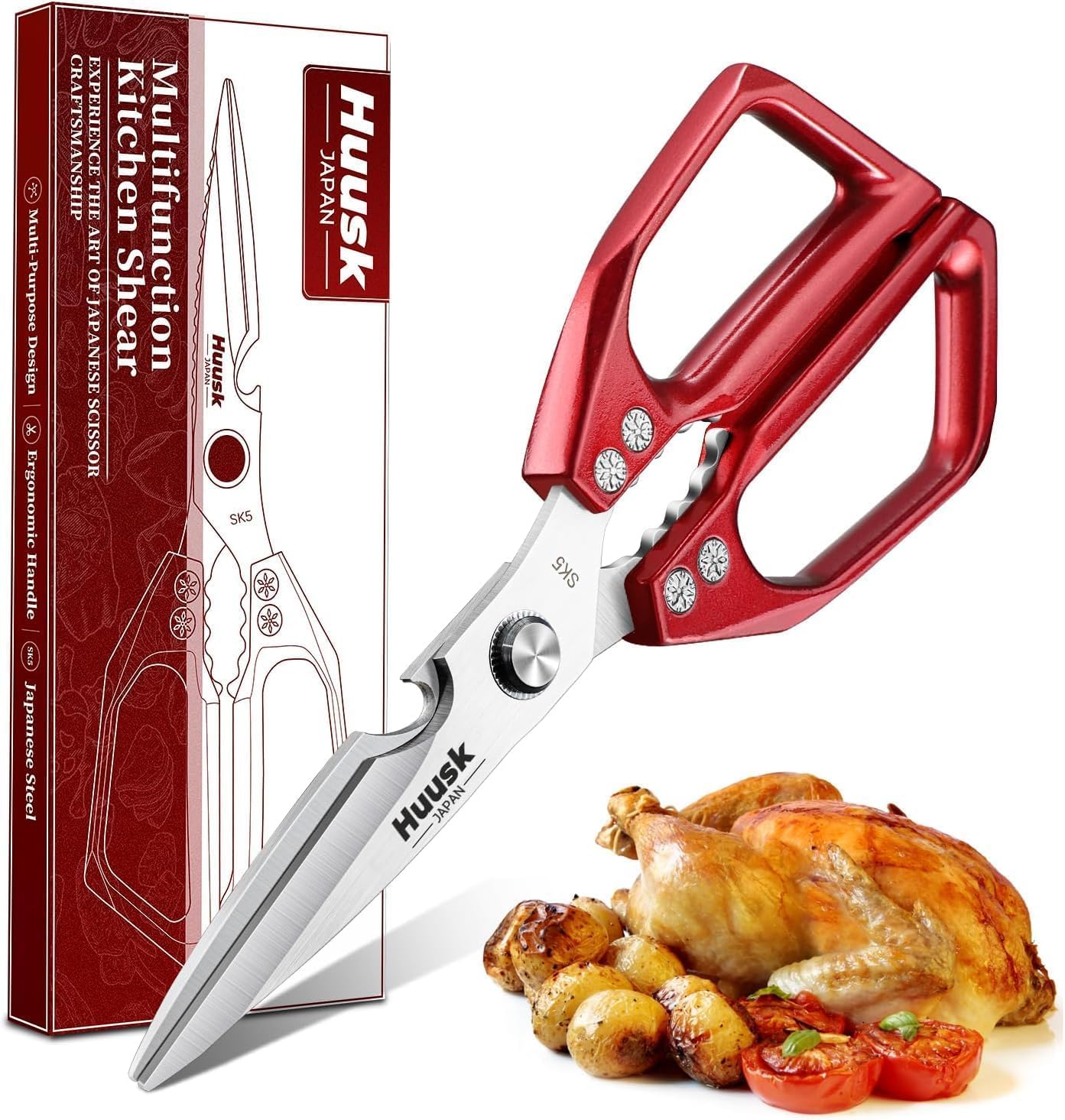 Huusk Kitchen Scissors for Food, Stainless Steel Kitchen Shears All Purpose | Multifunction Sharp Cooking Meat Scissors for Fish, Herbs, Chicken, Turkey, Gifts for Women, Non-slip Handle, Dishwasher Safe