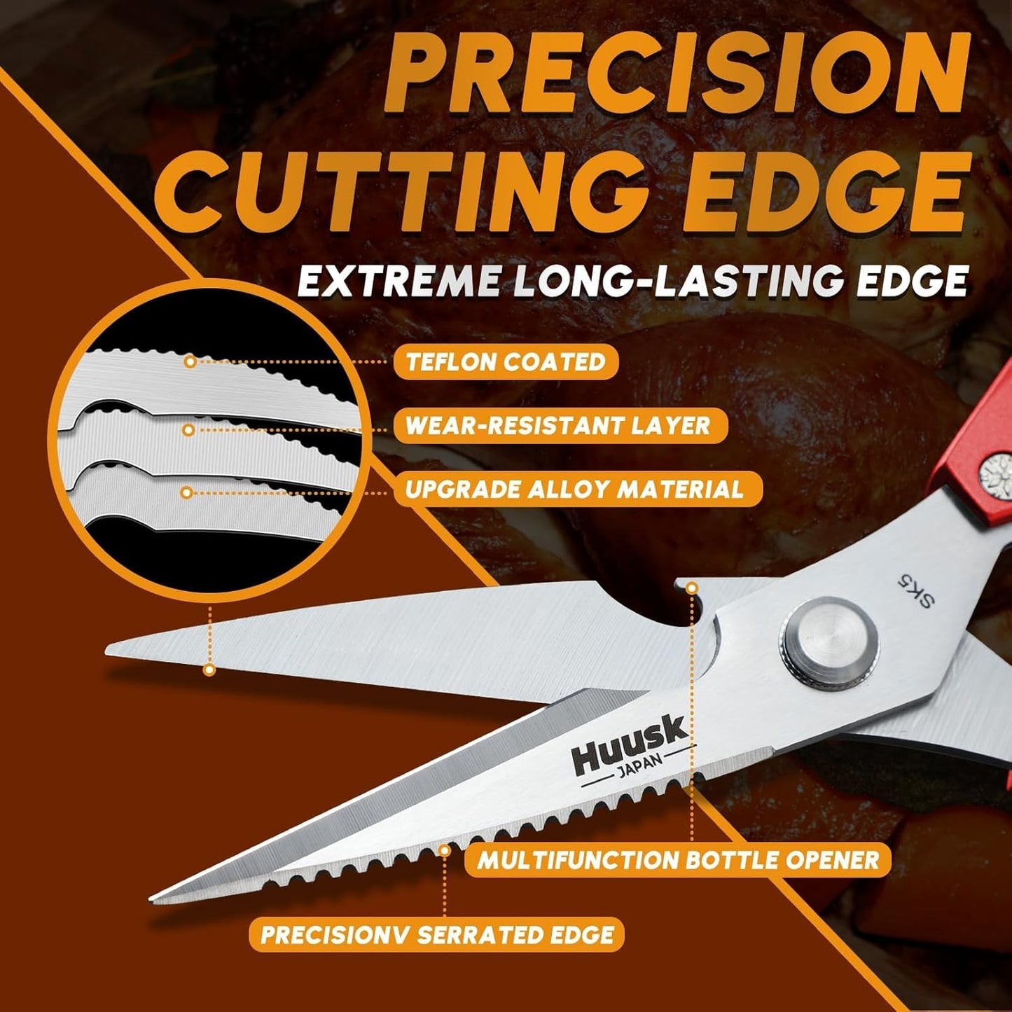 Huusk Kitchen Scissors for Food, Stainless Steel Kitchen Shears All Purpose | Multifunction Sharp Cooking Meat Scissors for Fish, Herbs, Chicken, Turkey, Gifts for Women, Non-slip Handle, Dishwasher Safe