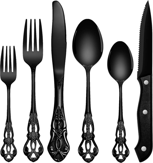 48Pcs Black Silverware Set for 8, Retro Royal Flatware with Steak Knives | Gorgeous Stainless Steel Cutlery Utensil Set, Include Forks Spoons and Knives, Mirror Finish,Dishwasher Safe