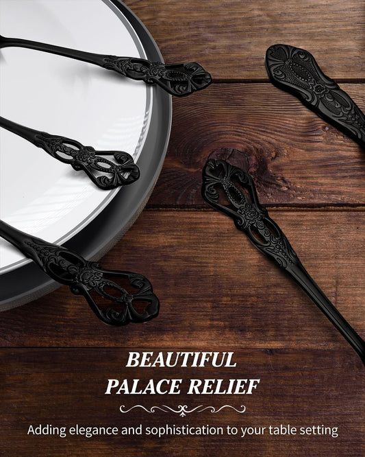 48Pcs Black Silverware Set for 8, Retro Royal Flatware with Steak Knives | Gorgeous Stainless Steel Cutlery Utensil Set, Include Forks Spoons and Knives, Mirror Finish,Dishwasher Safe