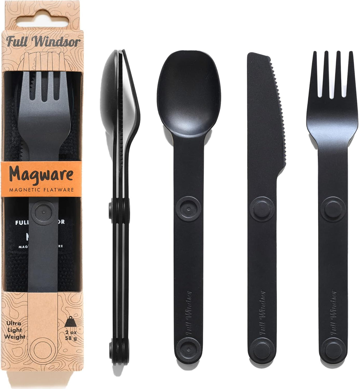 MAGWARE Magnetic Travel Camping Cutlery Utensils Set | Travel Utensils for Outdoor Cooking, Dining, & Camping, Knife, Fork & Spoon, Portable Silverware & Pouch, Black (3 PCS)