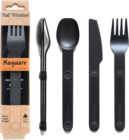 MAGWARE Magnetic Travel Camping Cutlery Utensils Set | Travel Utensils for Outdoor Cooking, Dining, & Camping, Knife, Fork & Spoon, Portable Silverware & Pouch, Black (3 PCS)