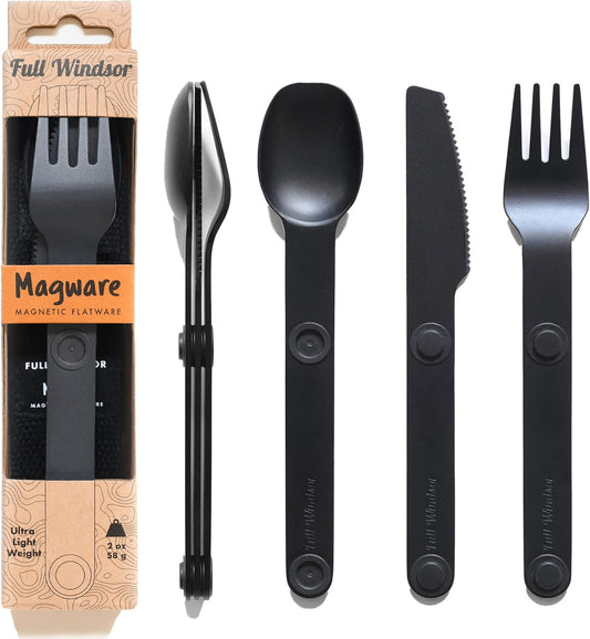 MAGWARE Magnetic Travel Camping Cutlery Utensils Set | Travel Utensils for Outdoor Cooking, Dining, & Camping, Knife, Fork & Spoon, Portable Silverware & Pouch, Black (3 PCS)