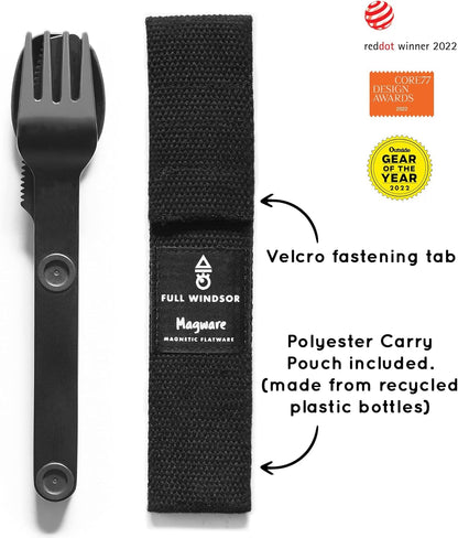 MAGWARE Magnetic Travel Camping Cutlery Utensils Set | Travel Utensils for Outdoor Cooking, Dining, & Camping, Knife, Fork & Spoon, Portable Silverware & Pouch, Black (3 PCS)