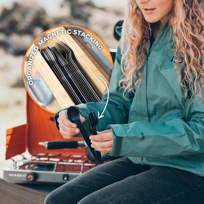 MAGWARE Magnetic Travel Camping Cutlery Utensils Set | Travel Utensils for Outdoor Cooking, Dining, & Camping, Knife, Fork & Spoon, Portable Silverware & Pouch, Black (3 PCS)