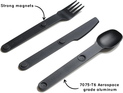 MAGWARE Magnetic Travel Camping Cutlery Utensils Set | Travel Utensils for Outdoor Cooking, Dining, & Camping, Knife, Fork & Spoon, Portable Silverware & Pouch, Black (3 PCS)
