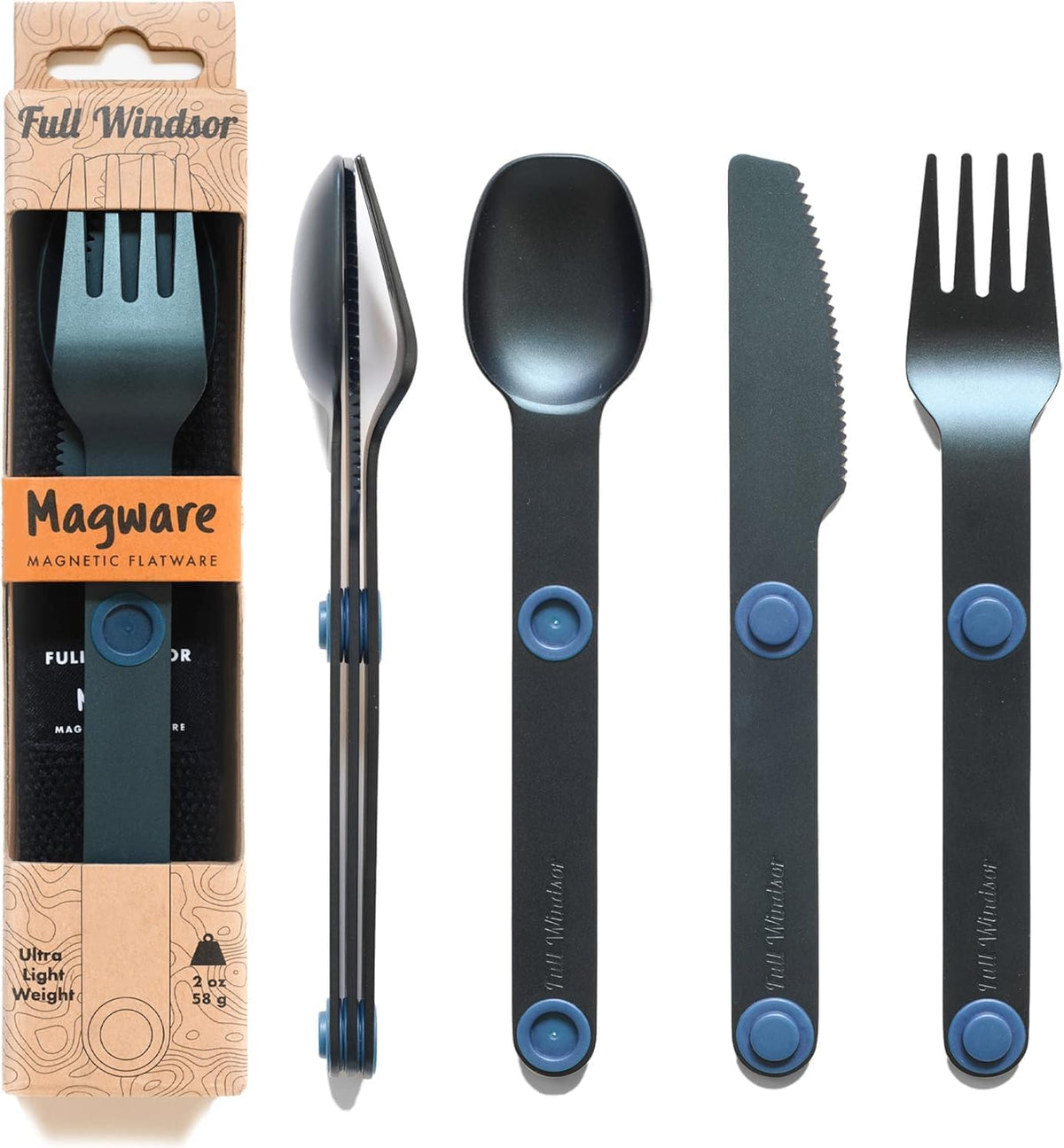 MAGWARE Magnetic Travel Camping Cutlery Utensils Set | Travel Utensils for Outdoor Cooking, Dining, & Camping, Knife, Fork & Spoon, Portable Silverware & Pouch, Black (3 PCS)