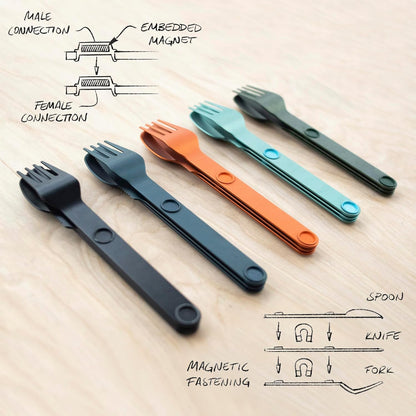 MAGWARE Magnetic Travel Camping Cutlery Utensils Set | Travel Utensils for Outdoor Cooking, Dining, & Camping, Knife, Fork & Spoon, Portable Silverware & Pouch, Black (3 PCS)
