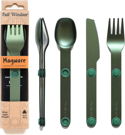 MAGWARE Magnetic Travel Camping Cutlery Utensils Set | Travel Utensils for Outdoor Cooking, Dining, & Camping, Knife, Fork & Spoon, Portable Silverware & Pouch, Black (3 PCS)