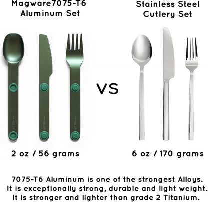 MAGWARE Magnetic Travel Camping Cutlery Utensils Set | Travel Utensils for Outdoor Cooking, Dining, & Camping, Knife, Fork & Spoon, Portable Silverware & Pouch, Black (3 PCS)