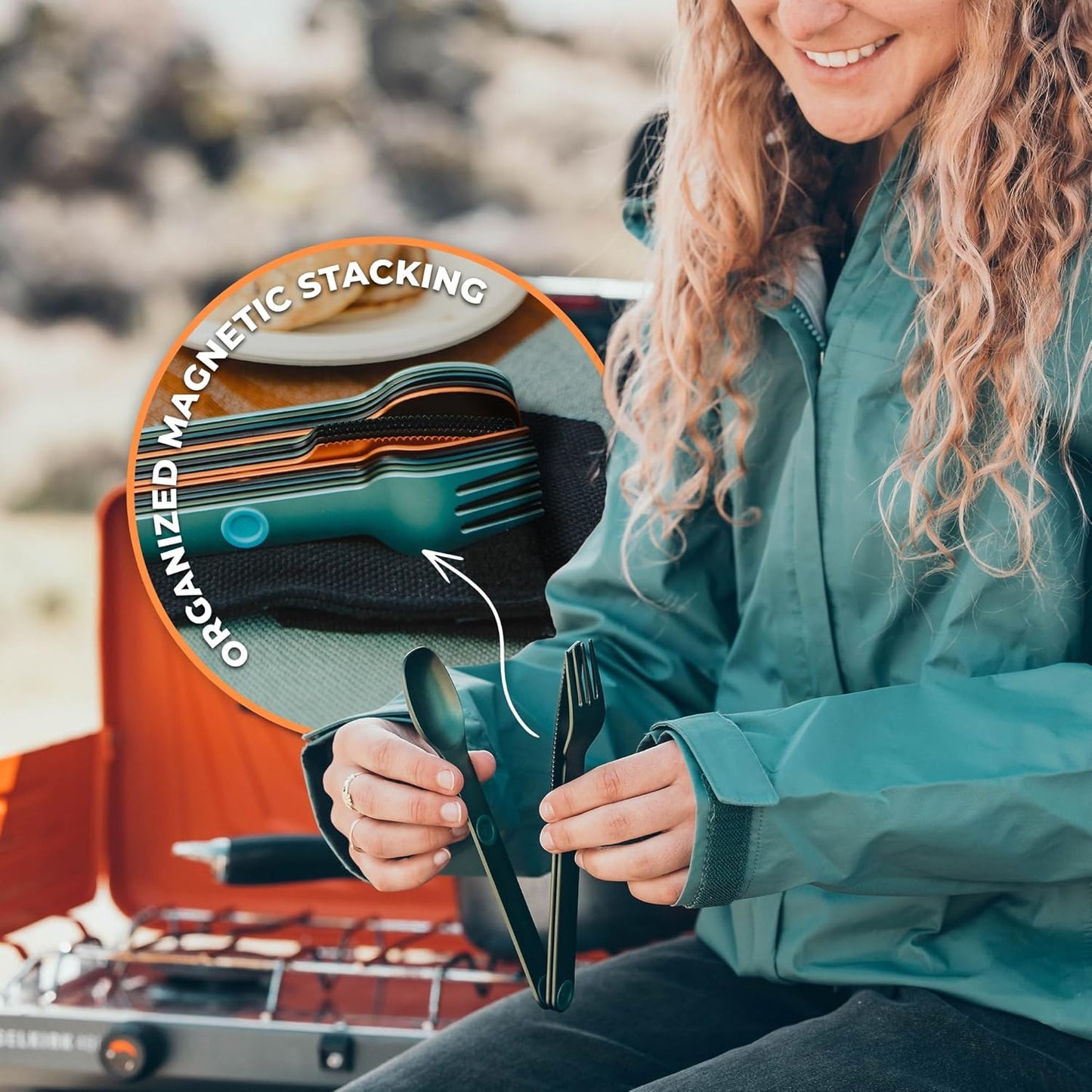 MAGWARE Magnetic Travel Camping Cutlery Utensils Set | Travel Utensils for Outdoor Cooking, Dining, & Camping, Knife, Fork & Spoon, Portable Silverware & Pouch, Black (3 PCS)