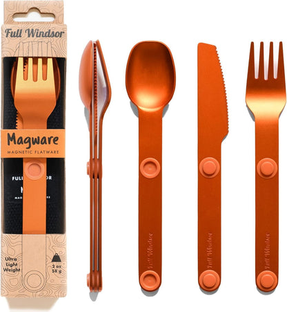 MAGWARE Magnetic Travel Camping Cutlery Utensils Set | Travel Utensils for Outdoor Cooking, Dining, & Camping, Knife, Fork & Spoon, Portable Silverware & Pouch, Black (3 PCS)