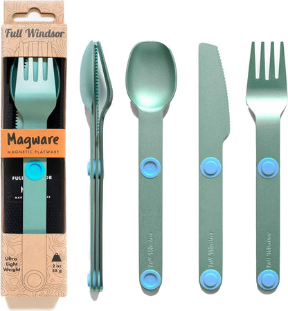 MAGWARE Magnetic Travel Camping Cutlery Utensils Set | Travel Utensils for Outdoor Cooking, Dining, & Camping, Knife, Fork & Spoon, Portable Silverware & Pouch, Black (3 PCS)