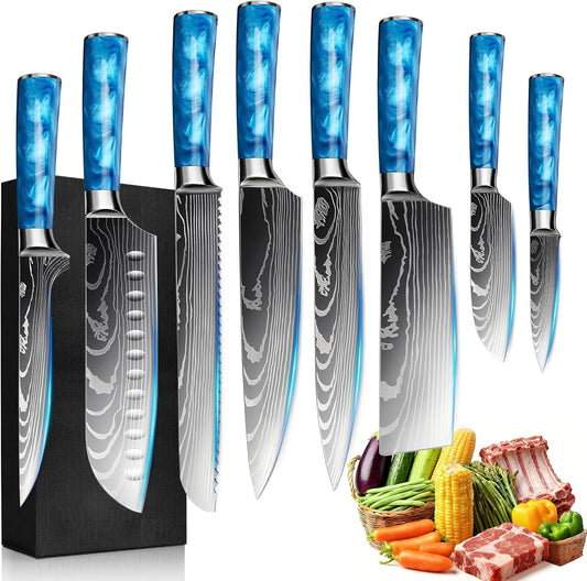 8-Piece Premium Japanese Kitchen Knife Set - Star Collection, Laser Damascus Pattern, 440A Stainless Steel Ultra Sharp for Fast Cutting (Blue 8J)