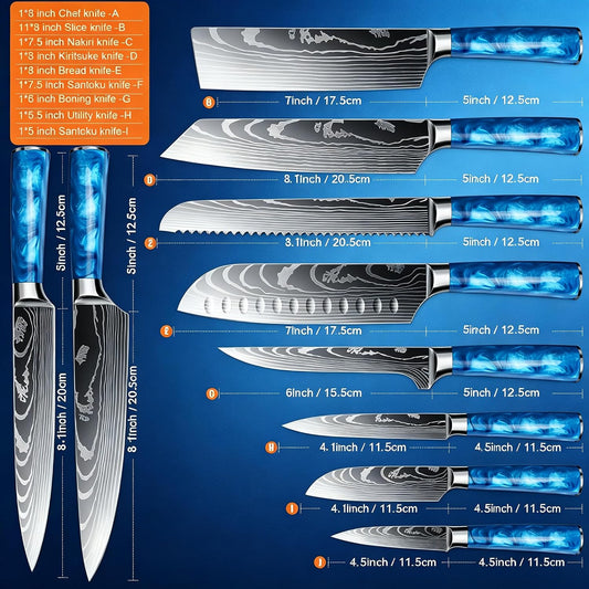 8-Piece Premium Japanese Kitchen Knife Set - Star Collection, Laser Damascus Pattern, 440A Stainless Steel Ultra Sharp for Fast Cutting (Blue 8J)