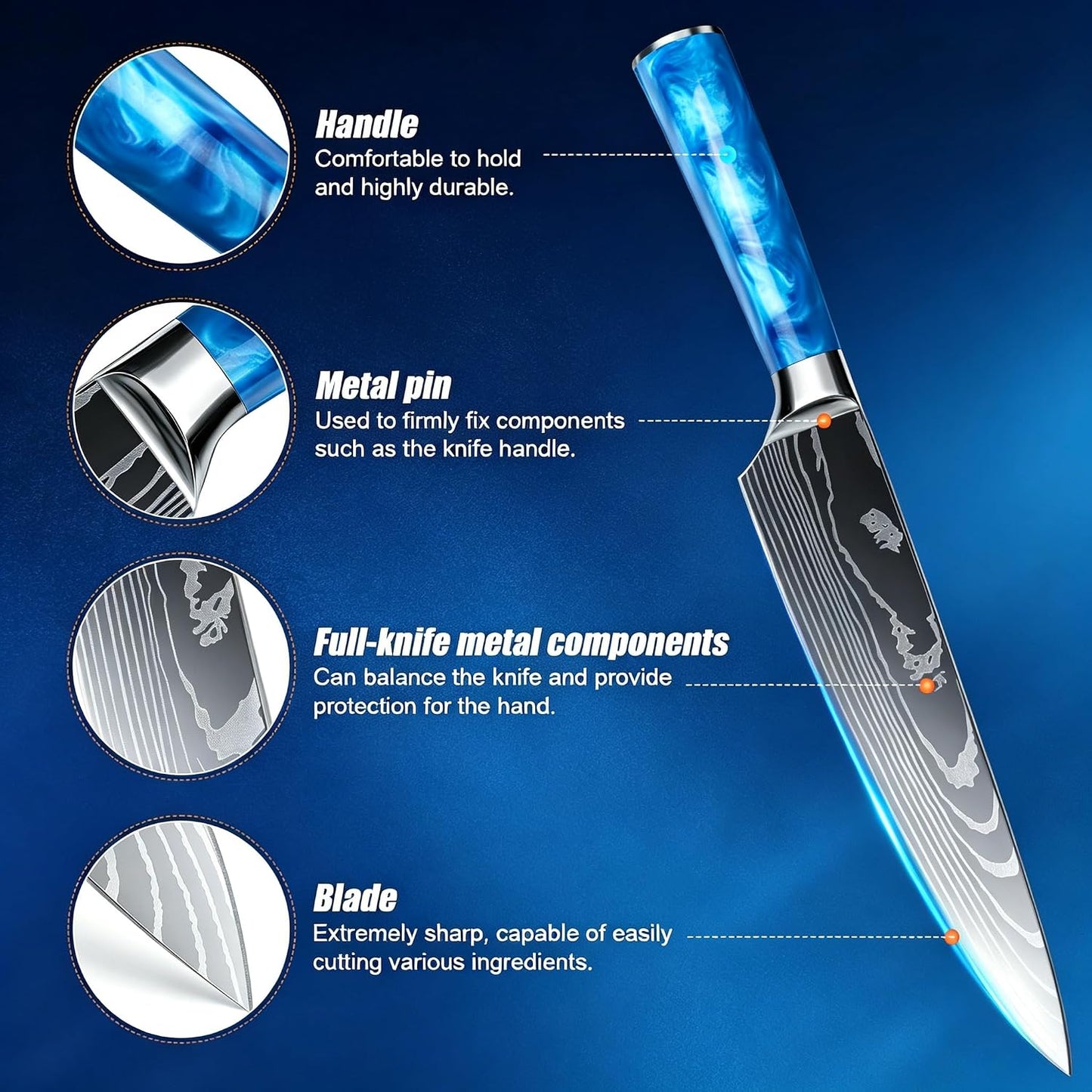 8-Piece Premium Japanese Kitchen Knife Set - Star Collection, Laser Damascus Pattern, 440A Stainless Steel Ultra Sharp for Fast Cutting (Blue 8J)