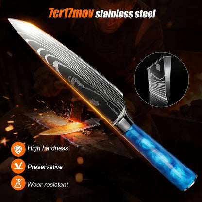 8-Piece Premium Japanese Kitchen Knife Set - Star Collection, Laser Damascus Pattern, 440A Stainless Steel Ultra Sharp for Fast Cutting (Blue 8J)