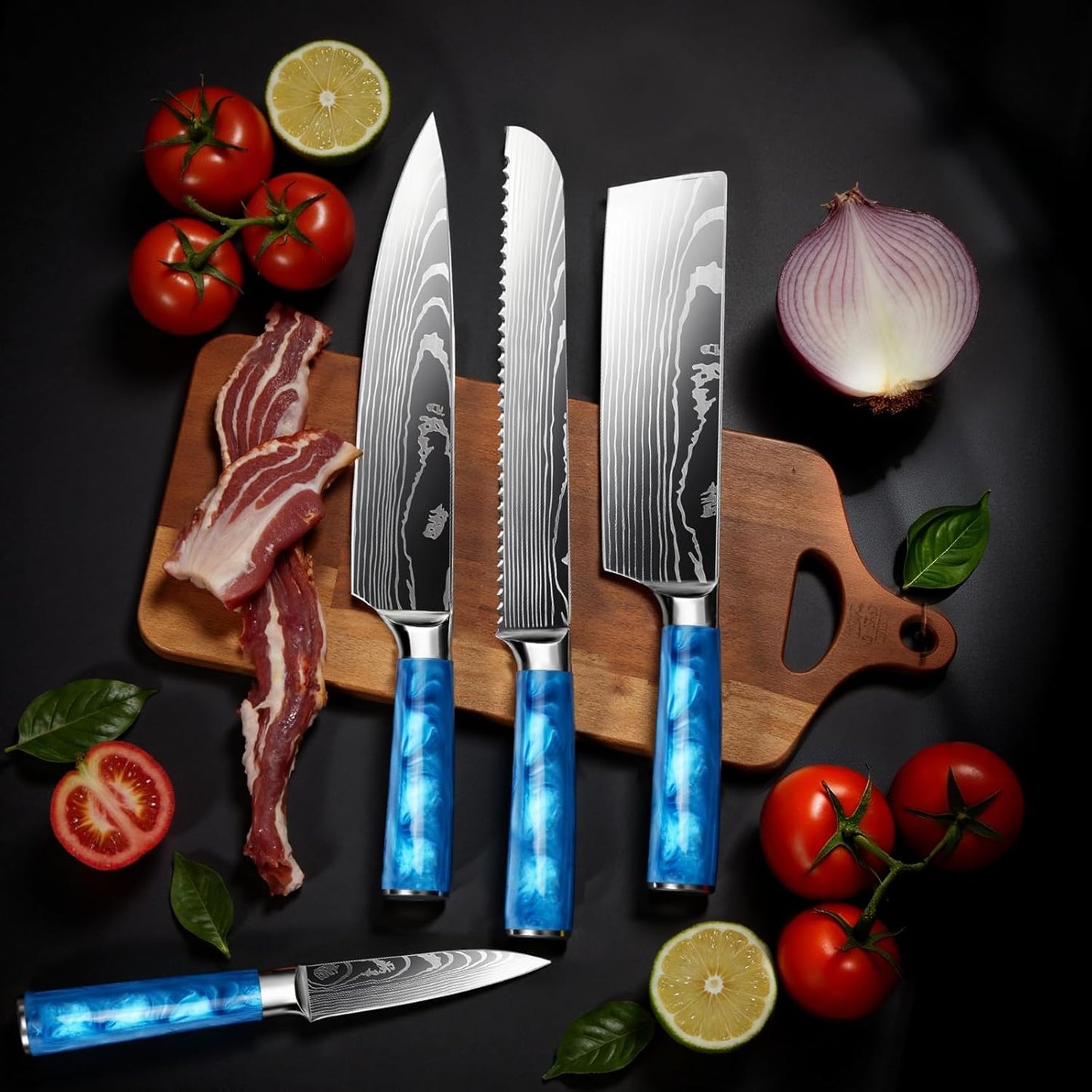 8-Piece Premium Japanese Kitchen Knife Set - Star Collection, Laser Damascus Pattern, 440A Stainless Steel Ultra Sharp for Fast Cutting (Blue 8J)