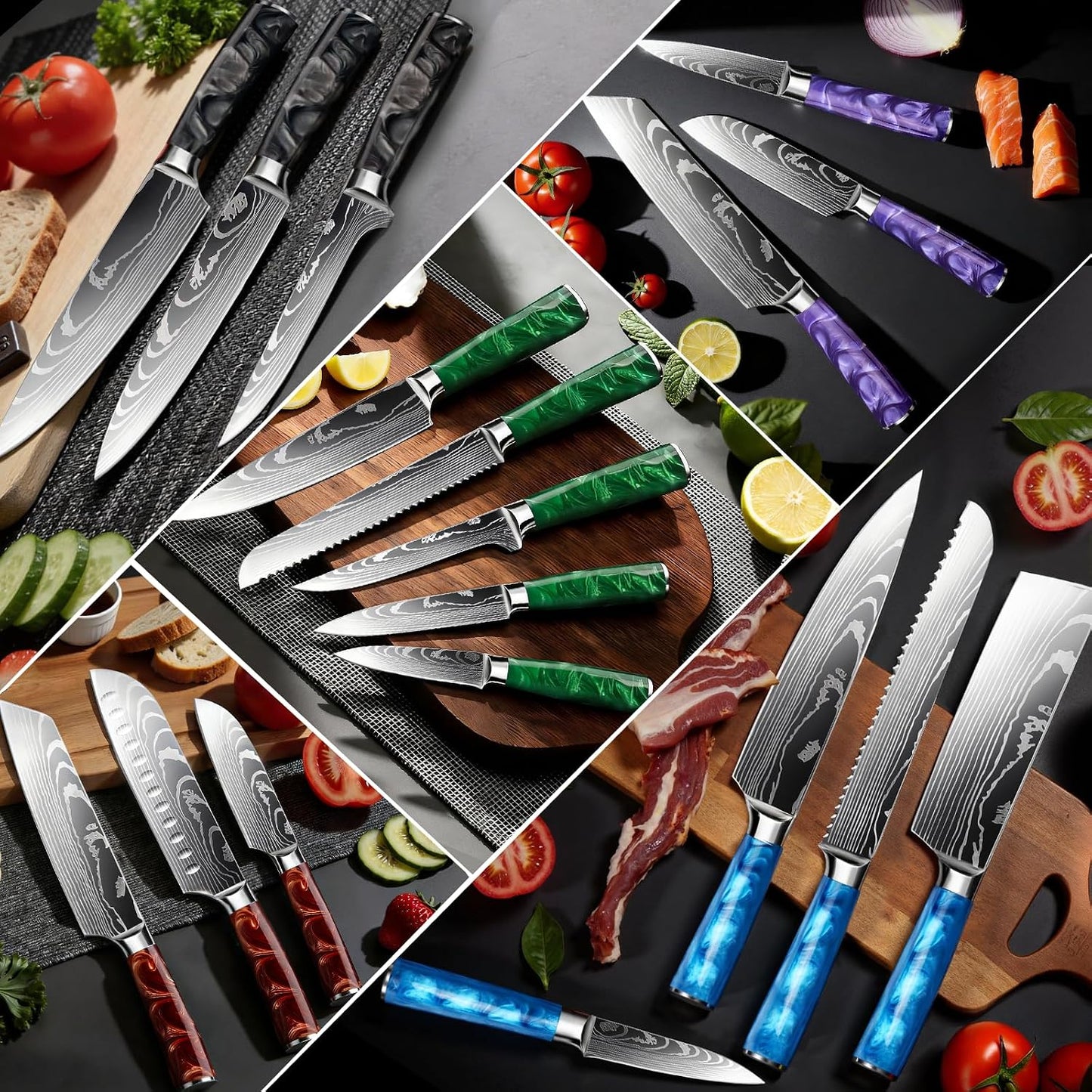 8-Piece Premium Japanese Kitchen Knife Set - Star Collection, Laser Damascus Pattern, 440A Stainless Steel Ultra Sharp for Fast Cutting (Blue 8J)