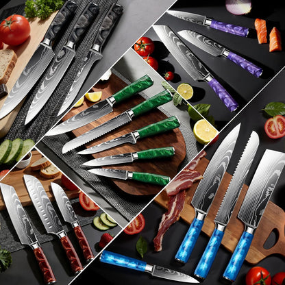 8-Piece Premium Japanese Kitchen Knife Set - Star Collection, Laser Damascus Pattern, 440A Stainless Steel Ultra Sharp for Fast Cutting (Blue 8J)